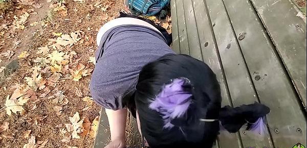  Little kitty gets caught in the forest and sucks a cock to keep her secret!